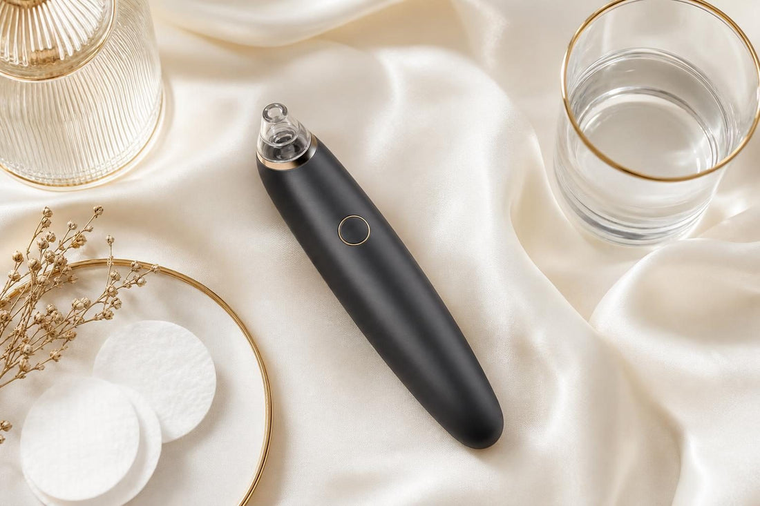 Aspirateur de points noirs élégant posé sur tissu crème avec accessoires soins
