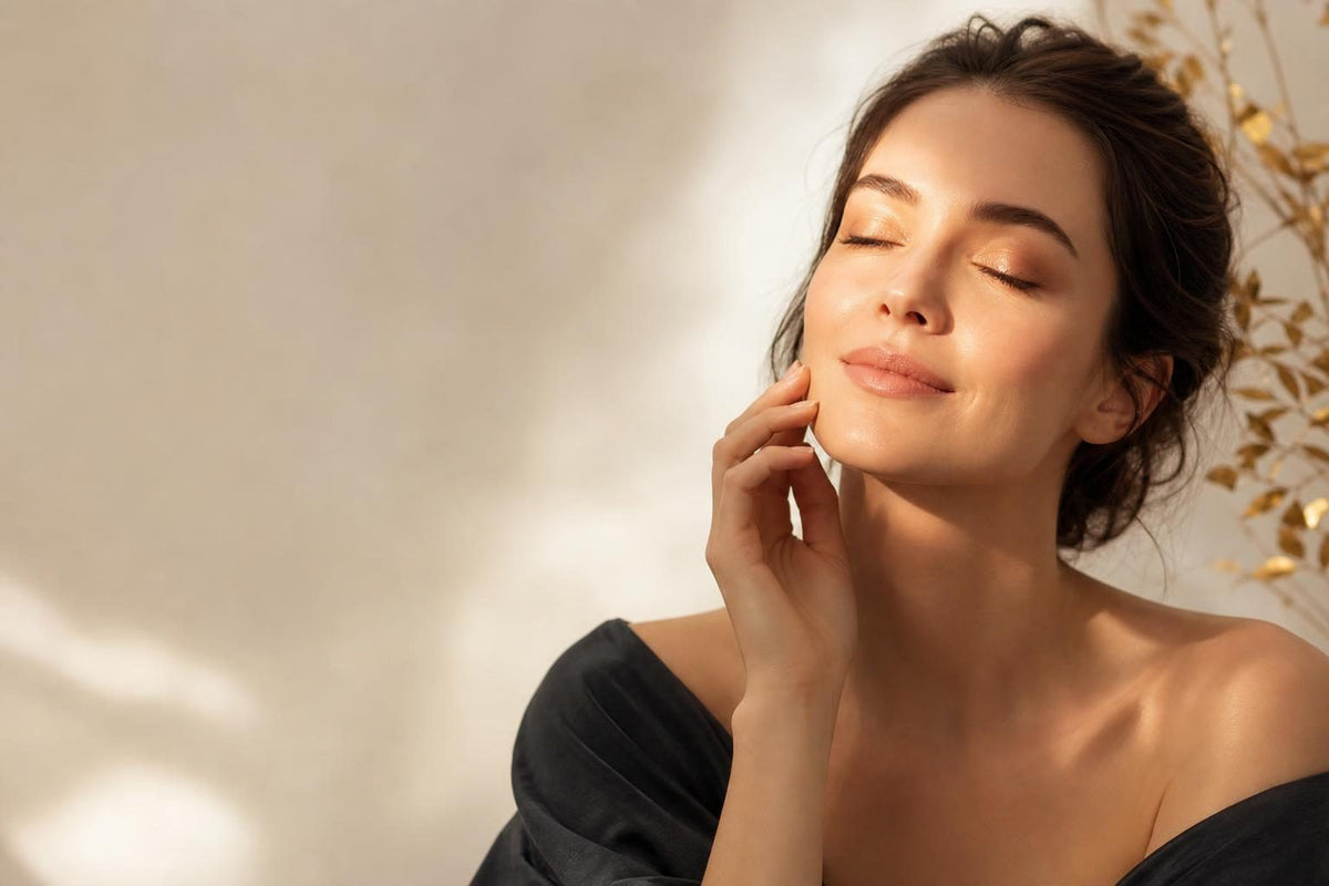 Femme aux yeux fermés recevant une lumière dorée sur le contour des yeux