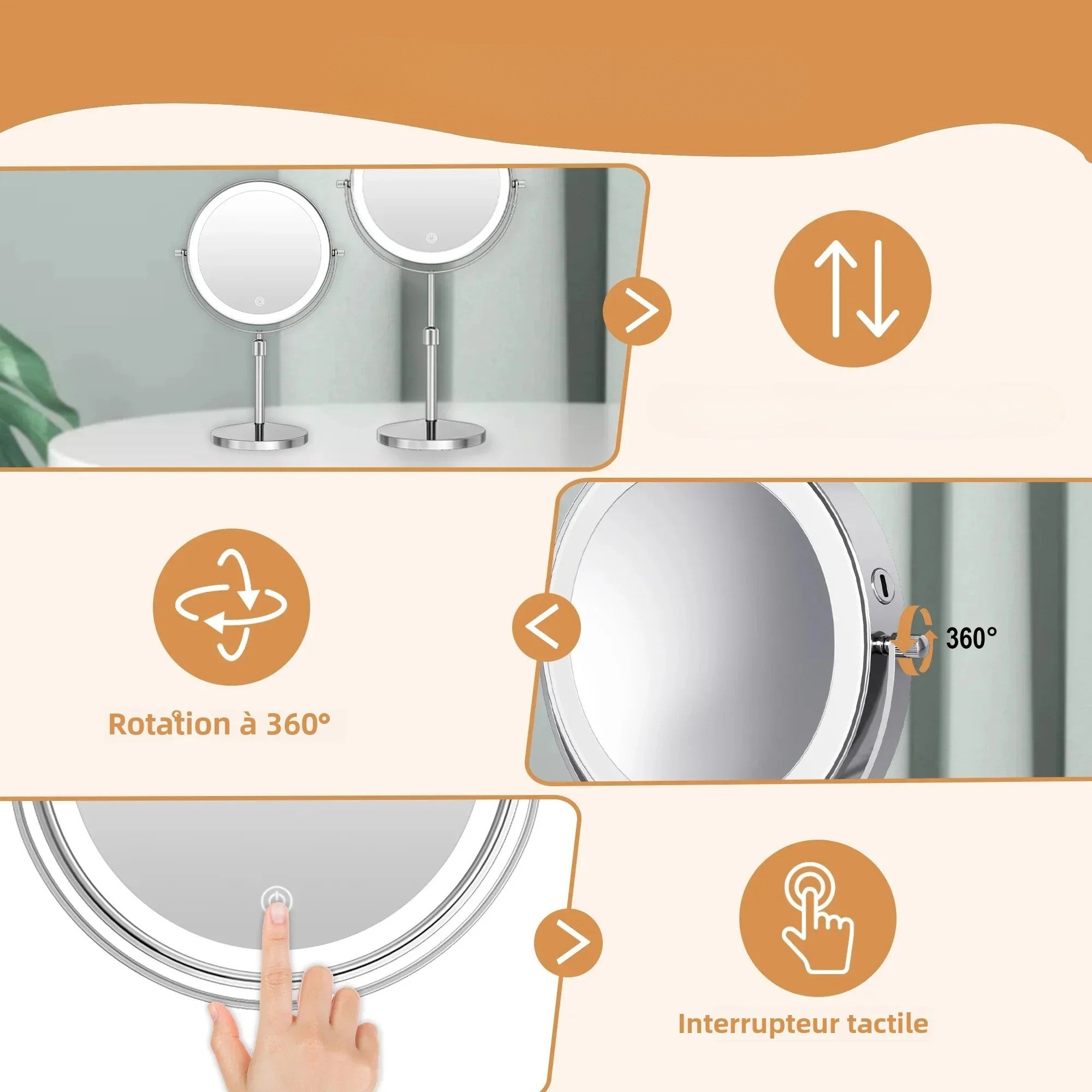 Miroir de Maquillage Rond sur Pied avec Anneau Lumineux