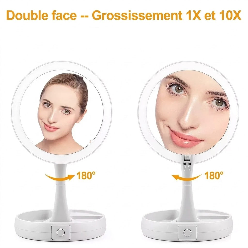Miroir de Maquillage Double Face 1X & 10X Lumineux Pliable Grossissant