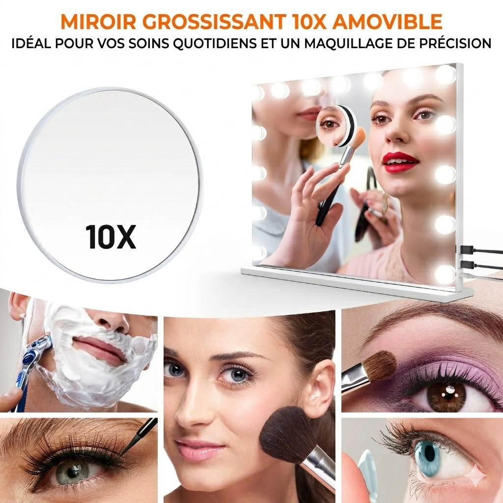 Miroir Maquillage Lumineux Musical Hollywood x1 & Grossissant x10