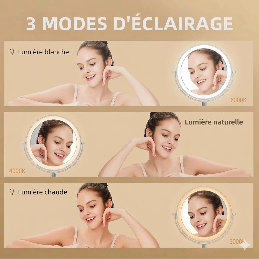 Miroir de Maquillage Rond sur Pied avec Anneau Lumineux