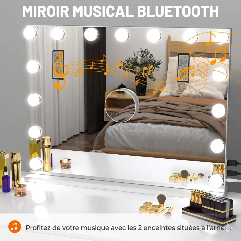 Miroir Maquillage Lumineux Musical Hollywood x1 & Grossissant x10
