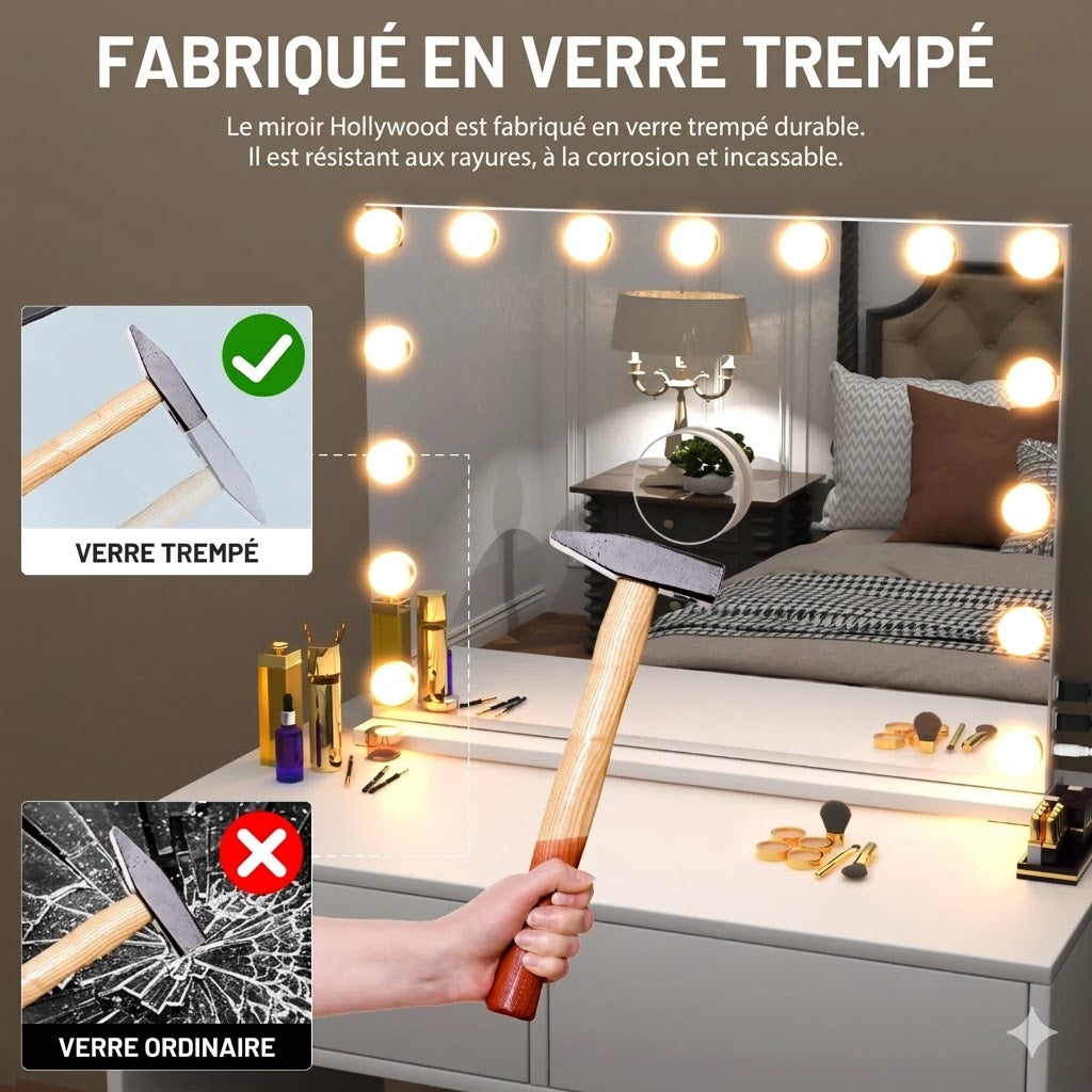 Miroir Maquillage Lumineux Musical Hollywood x1 & Grossissant x10